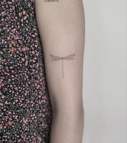 Small Fine Line Dragonfly on Women Arm Tattoo by @casa_bigotta