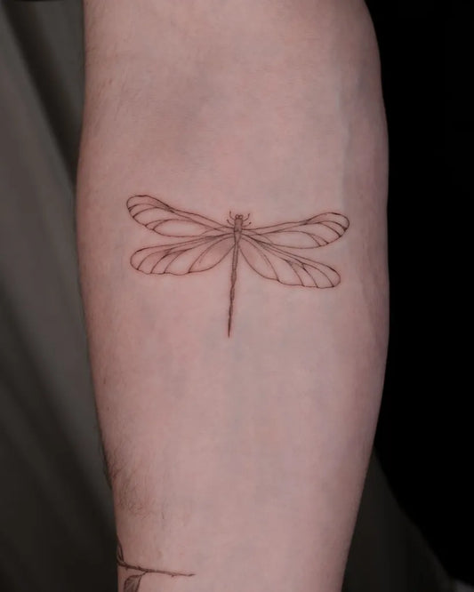 Small Fine Line Dragonfly on Women Arm Tattoo by @elenaskinart