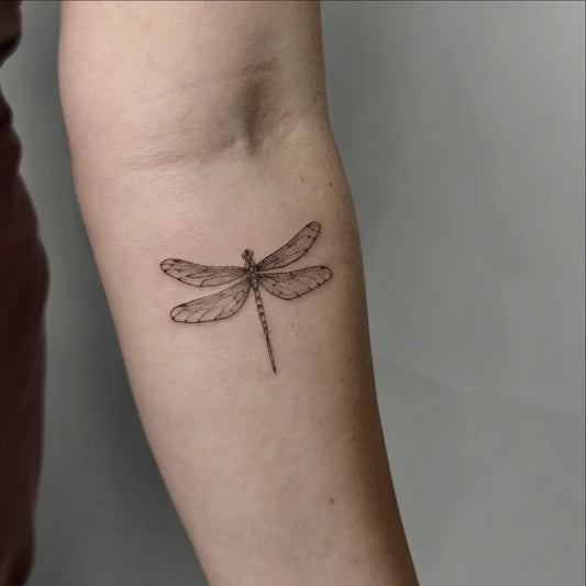 Small Fine Line Dragonfly on Women Arm Tattoo by @marieefriedrich