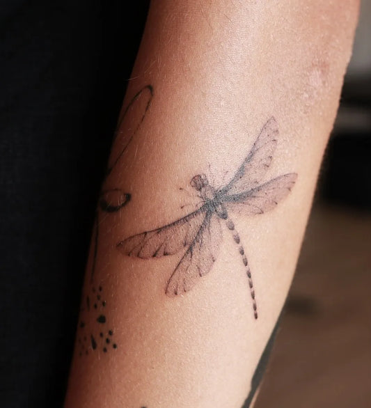Small Fine Line Dragonfly on Women Arm Tattoo by @olesya_tattoo