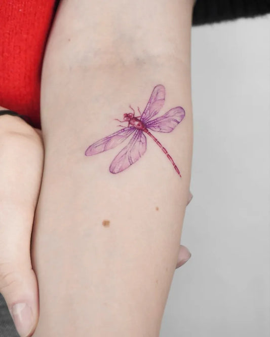 Small Fine Line Dragonfly on Women Arm Tattoo by @roberta.tattooartist