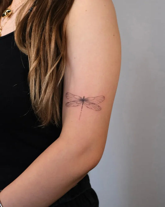 Small Fine Line Dragonfly on Women Arm Tattoo by @st0rm.ink
