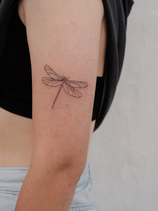 Small Fine Line Dragonfly on Women Arm Tattoo by @tonii.tattoo