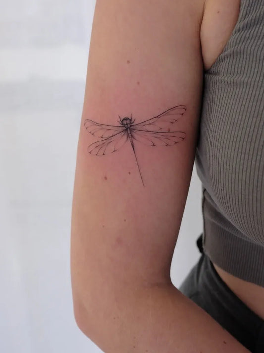 Small Fine Line Dragonfly on Women Arm Tattoo by @yung.tattoo.54
