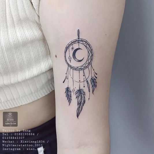 Small Fine Line Dream Catcher with Crescent Moon Tattoo on Women Arm by @xiao_inng