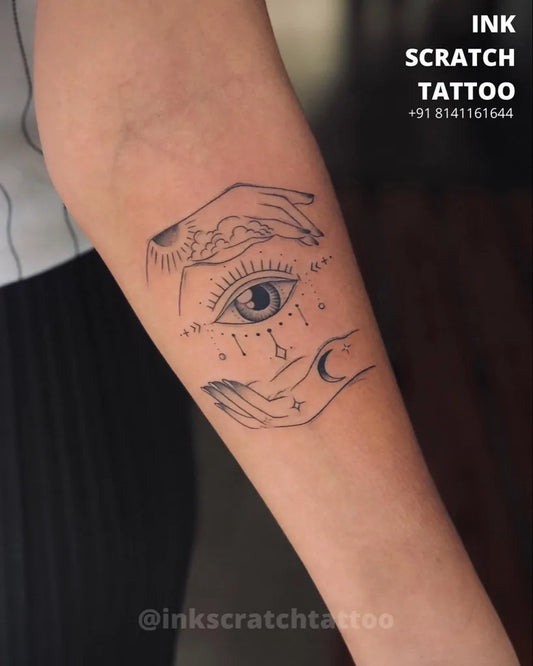 Small Fine Line Evil Eye Hands Moon on Women Arm Tattoo by @mitesh_tattoo_surat