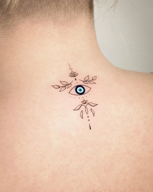 Small Fine Line Evil Eye with Flowers and Leaves on Women Neck Tattoo by @orma_tattoo