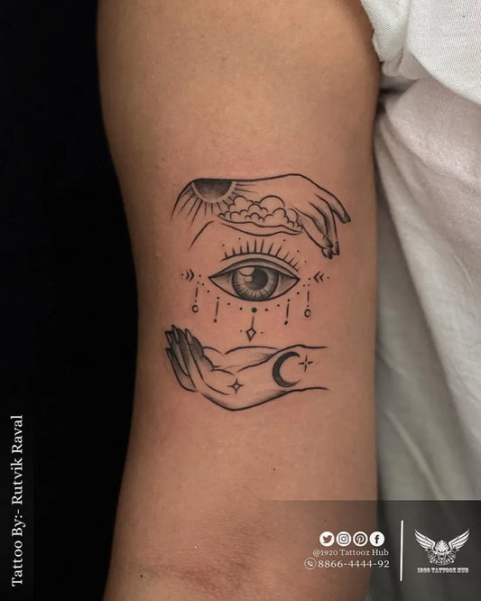 Small Fine Line Eye Sun Moon on Women Arm Tattoo by @1920tattoozhub