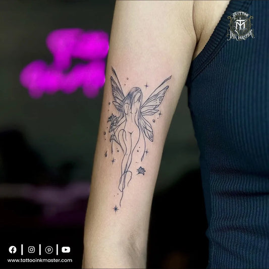 Small Fine Line Fairy with Angel Wings Tattoo on Women Arm by @tattooinkmaster27