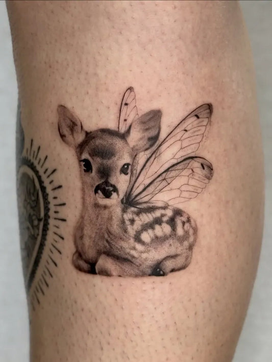 Small Fine Line Fawn with Wings Tattoo on Women Thigh by @ulaniink