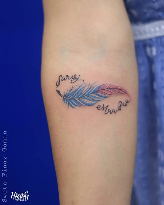 Small Fine Line Feather Tattoo on Women Arm by @blue_heaven_tattooz
