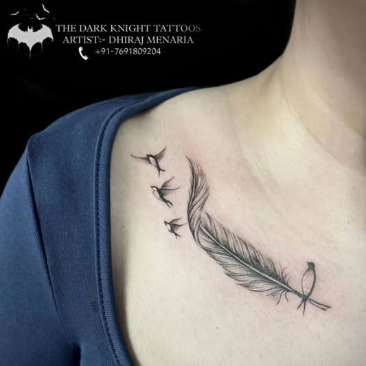 Small Fine Line Feather and Birds Tattoo on Women Shoulder by @tattooist_dhiraj_udaipur