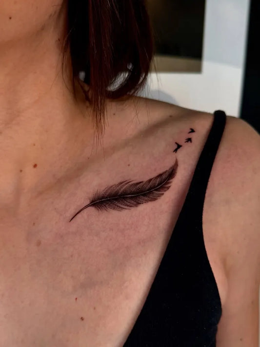 Small Fine Line Feather and Birds Tattoo on Women Shoulder by @tattoolayne
