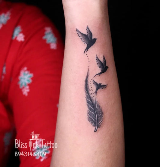 Small Fine Line Feather and Birds Tattoo on Women Wrist by @bliss_ink_tattoo