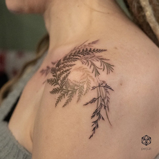 Small Fine Line Fern Leaves Nature Tattoo on Women Shoulder by @pejczi