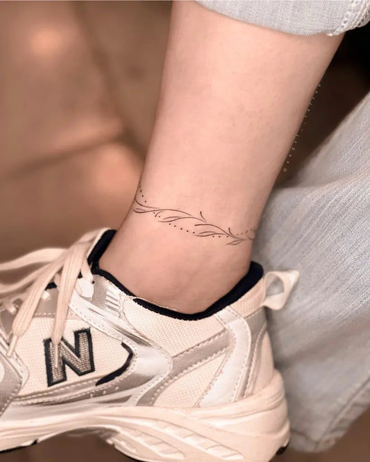 Small Fine Line Fine Line Ankle Bracelet Tattoo on Women Foot by @angel__tattoo