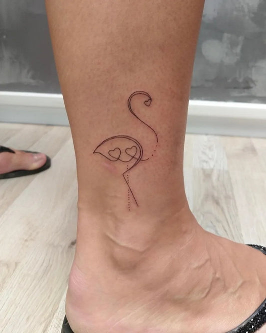 Small Fine Line Flamingo Tattoo on Women Ankle by @lariz_ink
