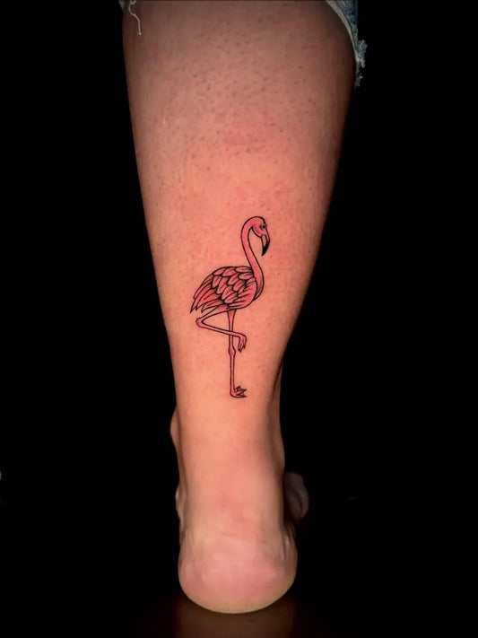Small Fine Line Flamingo Tattoo on Women Leg by @spookii.tats