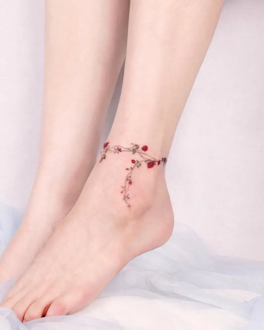 Small Fine Line Floral Anklet Tattoo on Women Ankle by @peria_ta