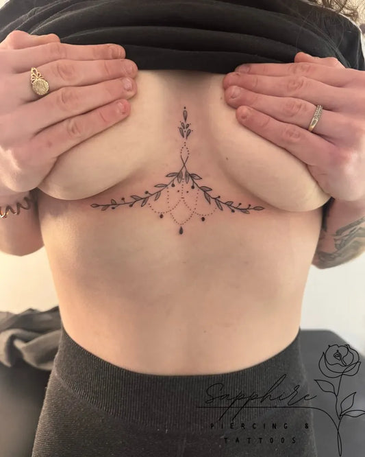 Small Fine Line Floral Mandala on Women Sternum Tattoo by @sapphire_studio_ltd