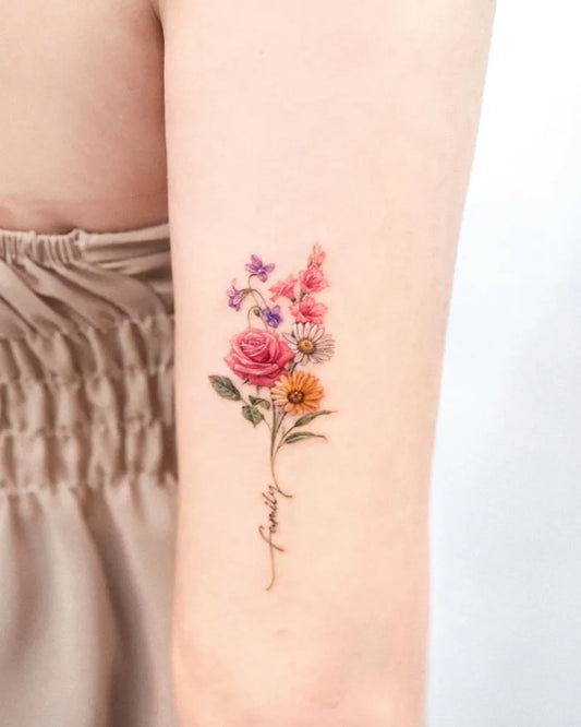 Small Fine Line Flower Bouquet with Daisy Tattoo on Women Arm by @palette.tt
