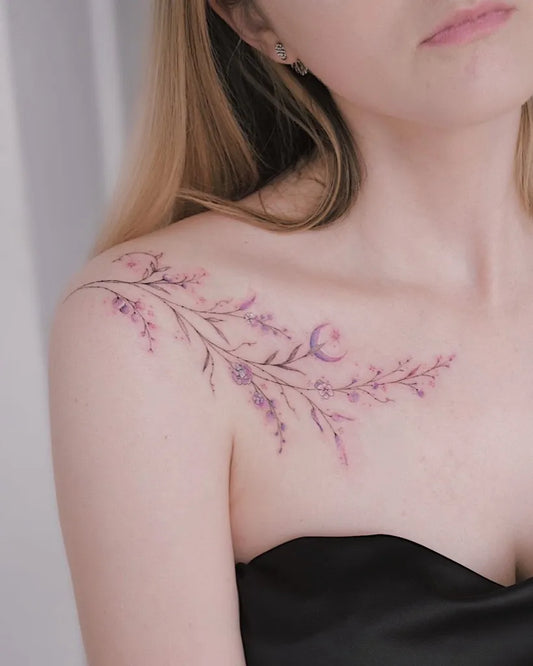 Small Fine Line Flower Branch and Crescent Moon Tattoo on Women Collarbone by @cathy.artwork
