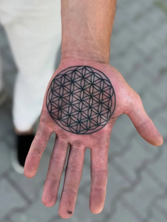 Small Fine Line Flower of Life on Men Palm Tattoo by @rayfalixtattoo
