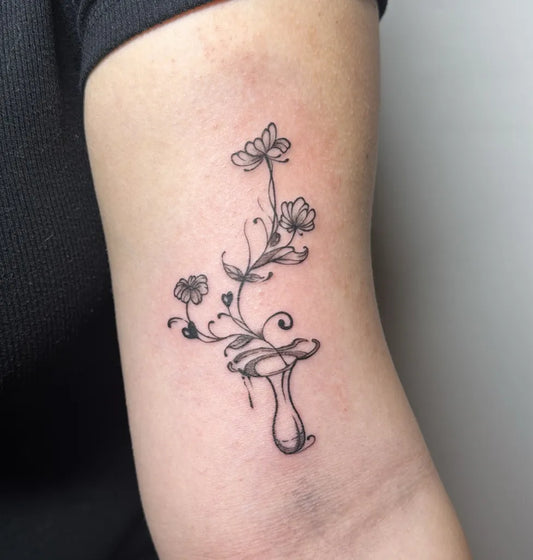 Small Fine Line Flowers Mushroom Nature Tattoo on Women Arm by @inklore_mk