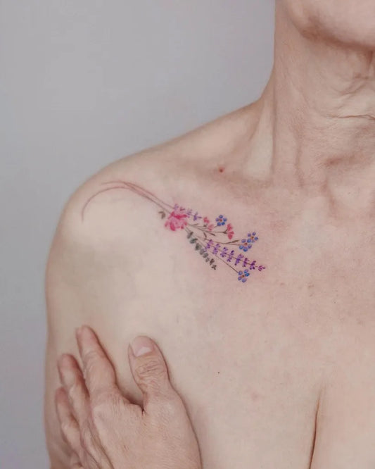 Small Fine Line Flowers Tattoo on Women Collarbone by @eva_tattooist