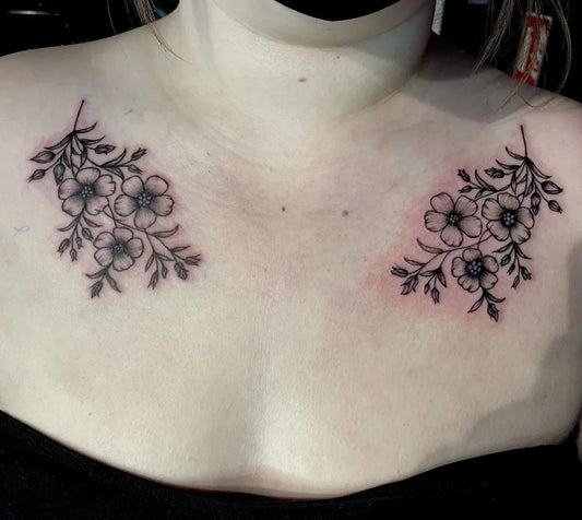 Small Fine Line Flowers Tattoo on Women Collarbone by @tattoos_by_jasminellen