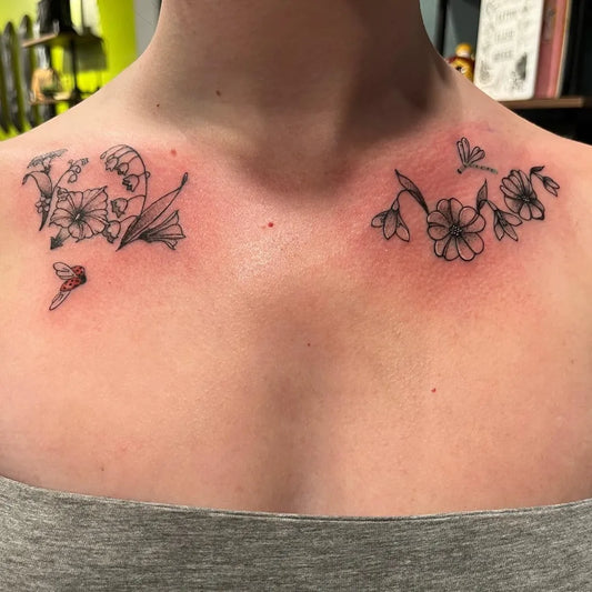 Small Fine Line Flowers and Butterfly Tattoo on Women Collarbone by @mari_davi_ink