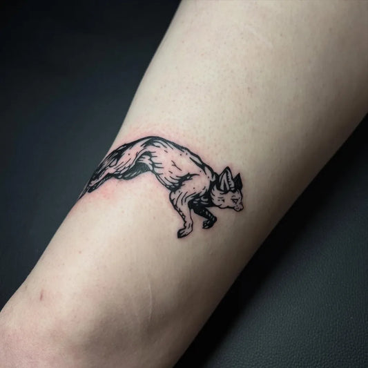 Small Fine Line Fox Tattoo on Women Forearm by @inkedbylinaa