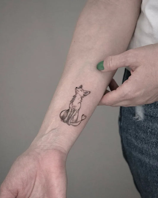 Small Fine Line Fox Tattoo on Women Forearm by @zsokahuszti_tattoo