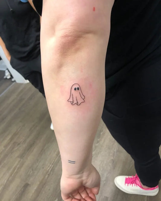 Small Fine Line Ghost Tattoo on Women Arm by @samiellefoltz