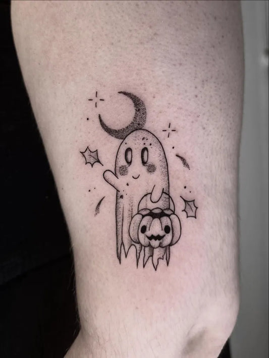 Small Fine Line Ghost with Pumpkin and Moon Tattoo on Women Arm by @sheisametz.tattoo