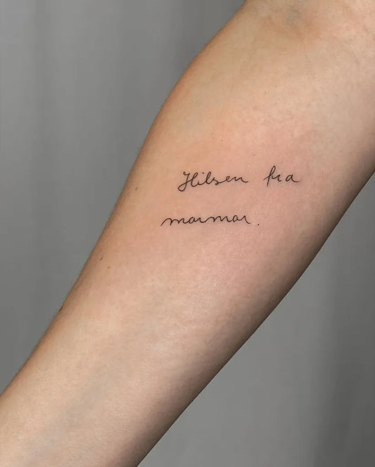 Small Fine Line Handwritten Names Family Tattoo on Women Arm by @bakken_tattoo