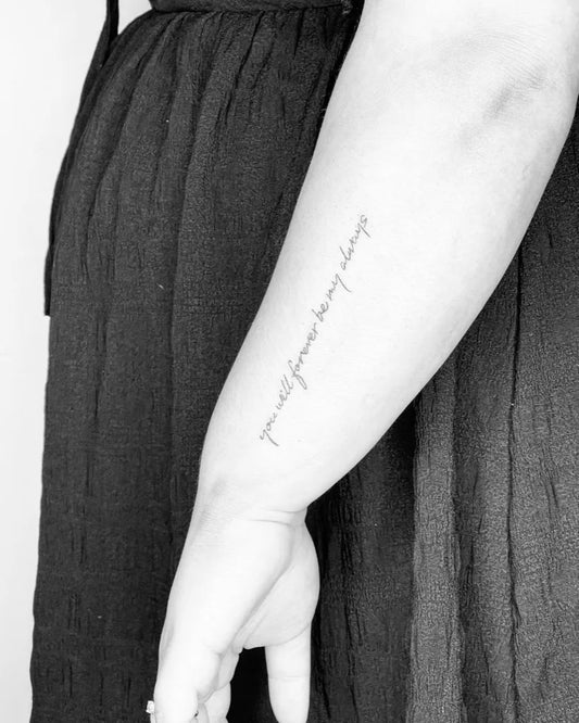 Small Fine Line Handwritten Quote Tattoo on Women Forearm by @tatts.by.shaq