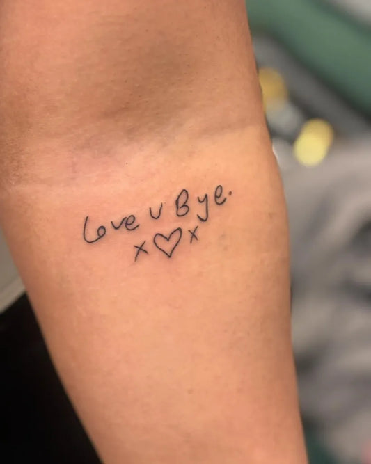 Small Fine Line Handwritten Text Heart Quote Tattoo on Women Forearm by @basicwitchtattoo
