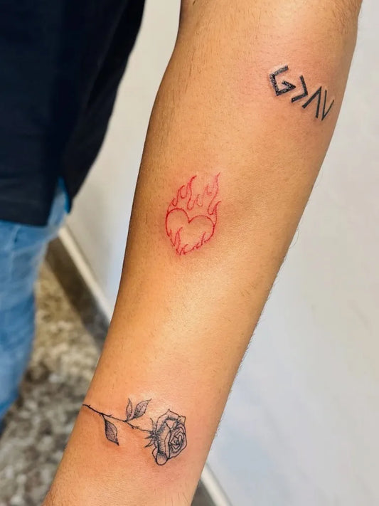 Small Fine Line Heart Rose Greek on Women Arm Tattoo by @nagendrasahu_