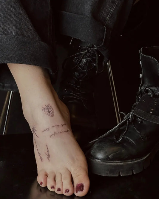 Small Fine Line Heart Script Tattoo on Women Foot by @mimavayena