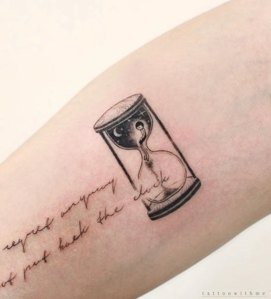 Small Fine Line Hourglass with Script Tattoo on Women Arm by @tattoowithme