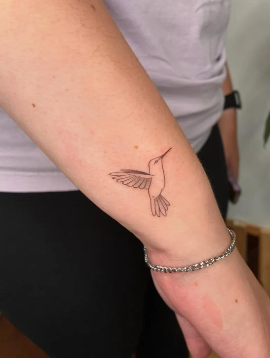 Small Fine Line Hummingbird on Women Forearm Tattoo by @myashleyb04