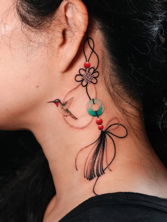 Small Fine Line Hummingbird on Women Neck Tattoo by @tattooist_sion