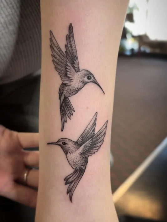 Small Fine Line Hummingbirds on Women Arm Tattoo by @mjtattoos2004