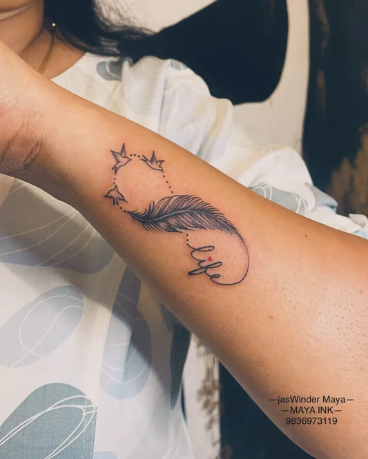 Small Fine Line Infinity Feather Life Tattoo on Women Wrist by @jaswindermaya