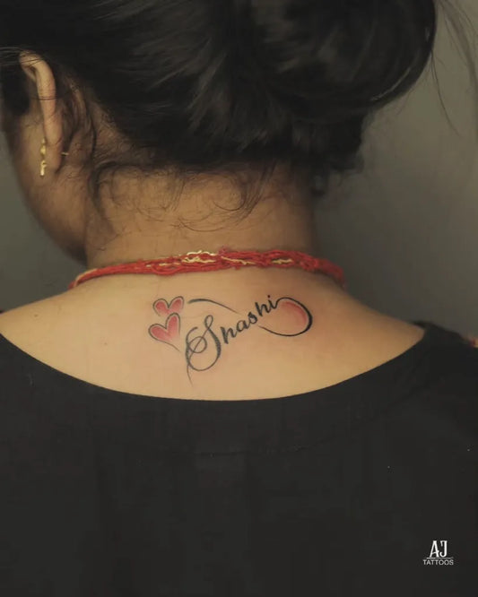 Small Fine Line Infinity Hearts Name Tattoo on Women Back by @ajtattoostudio
