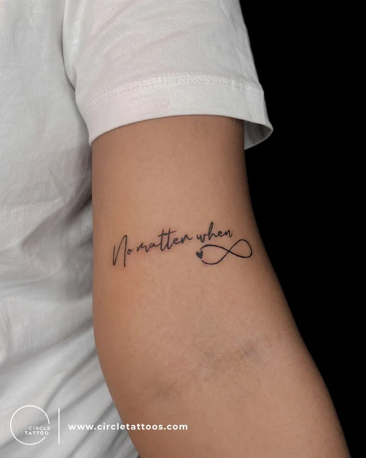 Small Fine Line Infinity Script Tattoo on Women Arm by @circletattoovisakhapatnam