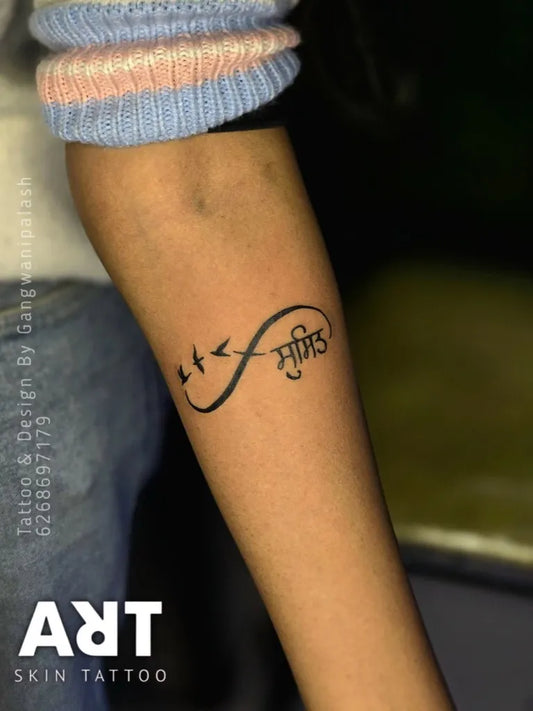 Small Fine Line Infinity and Birds and Sanskrit Tattoo on Women Arm by @art_skin_tattoo_india