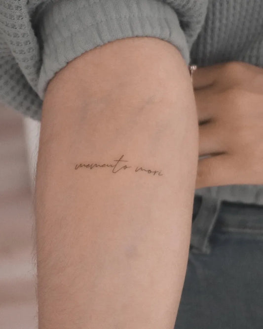 Small Fine Line Italian Phrase on Women Arm Tattoo by @alejo_tats