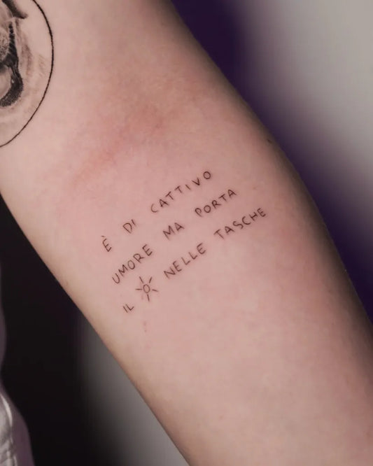Small Fine Line Italian Text on Women Forearm Tattoo by @cekkaturtur.ink